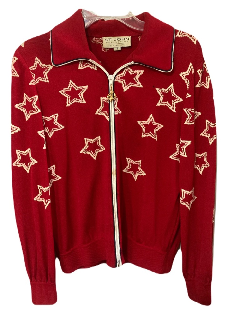 St. John Red Knit Zip Cardigan with White Star Motif